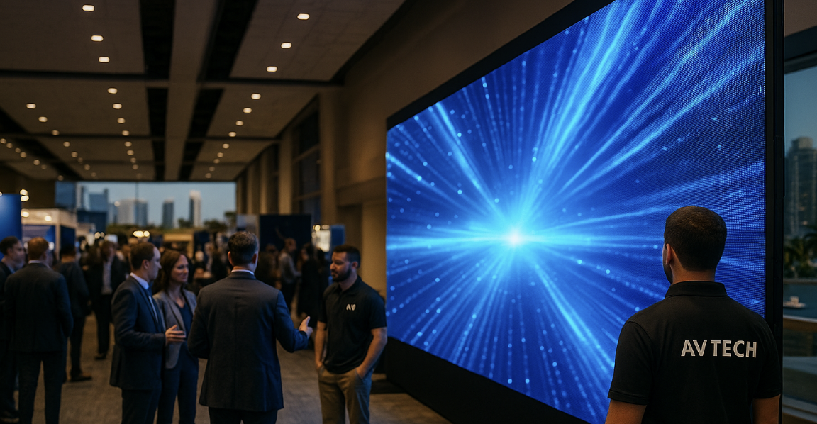 Technician monitors large LED video wall at San Diego trade show featuring AV rentals for corporate events